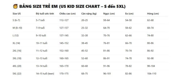 Kid size chart - Starship Fulfillment